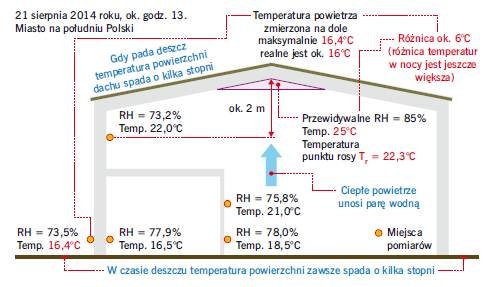 RYS. 3. Szkic prezentujący pomiary wykonane
w hali z dachem pokazanym na FOT. 1–5. Pod kalenicą (czerwony trójkąt) zawsze gromadzi się cieplejsze i wilgotne powietrze, którego parametry można łatwo oszacować z innych pomiarów