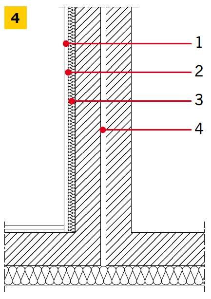 RYS. 4–5. Schemat prac naprawczych ściany dylatacyjnej: przekrój przez ścianę dylatacyjną (4), widok z boku (5); 1 – płyta gipsowo-kartonowa, 2 – izolacja paroszczelna, 3 – wełna mineralna na ruszcie 5 cm, 4 – ściana dylatacyjna, 5 – wypełnienie przestrz.