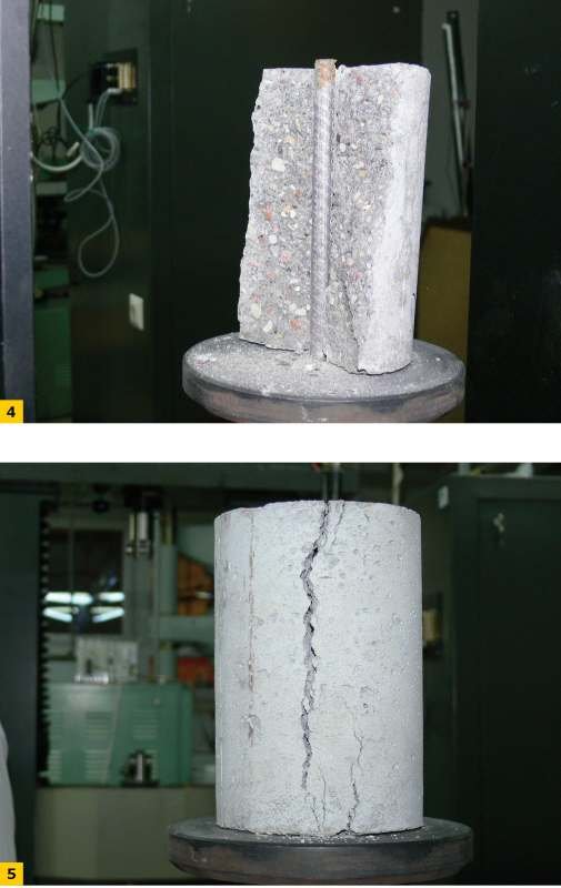 FOT. 4–5. Sposób zniszczenia próbki betonowej podczas wyrywania pręta Æ10 z betonu C25/30 w warunkach normalnych 20°C oraz po nagrzaniu do temp. 700°C i ostudzeniu do 20°C