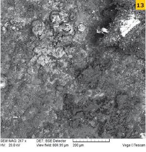 Fot. 13. Obraz mikroskopowy stalowej blachy okapowej. Widoczne produkty korozji pochodzące z betonu (głównie węglany wapnia, nieco etryngitu) i produkty korozji blachy stalowej