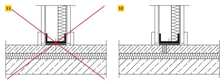 Rys. 11–12. Przykład błędów popełnianych podczas posadowienia ścian lekkich na szkielecie z kształtowników zimnogiętych na podłodze pływającej: rozwiązanie błędne (11) oraz prawidłowe (12)