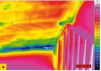 FOT. 4. Rozkład termiczny wadliwie wykonanej izolacji dachu za pomocą włóknistych materiałów termoizolacyjnych. Obraz zarejestrowany przed zdjęciem płyt gipsowo­‑kartonowych.