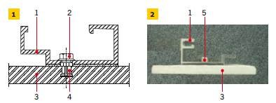 RYS. 1–2. Widok kotwy ukrytej przymocowanej do okładziny ceramicznej;
1 – fragment rusztu, 2 – nakrętka, 3 – okładzina ceramiczna, 4 – tuleja kotwy, 5 – kotwa