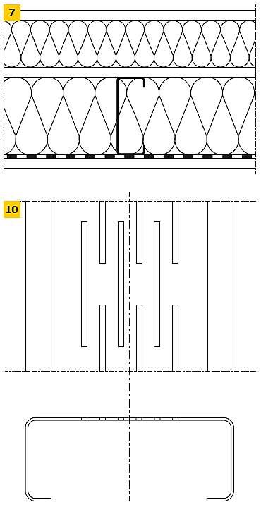 RYS. 7 i 10. Metody eliminacji mostków cieplnych w lekkich przegrodach z zastosowanymi elementami metalowymi nośnymi (dystansowymi): dodatkowa warstwa izolacyjna (7) oraz  przykładowy ceownik z perforowanym środnikiem (10).