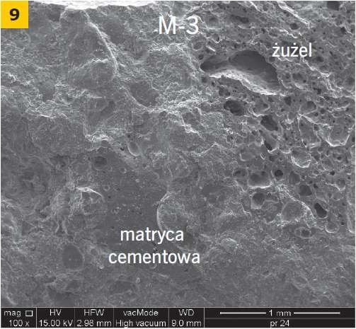 RYS. 9  Przykładowe zdjęcie mikroskopowe strefy przejściowej matrycy cementowej z kruszywem żużlowym i żwirowym betonu M-3 i M-4