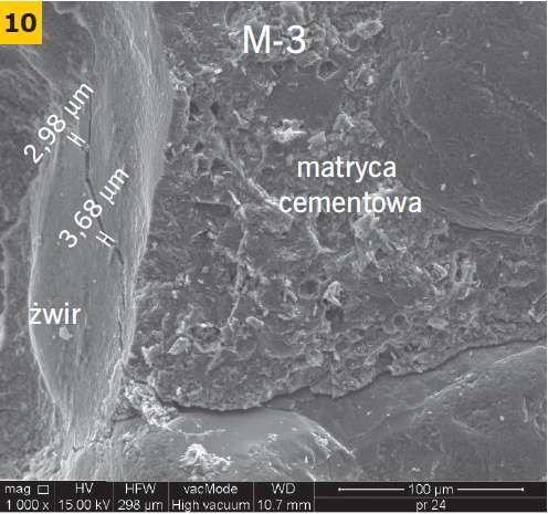 RYS. 10.  Przykładowe zdjęcie mikroskopowe strefy przejściowej matrycy cementowej z kruszywem żużlowym i żwirowym betonu M-3 i M-4