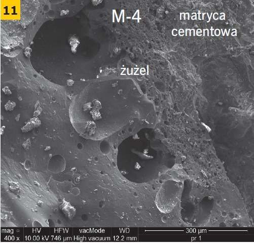 RYS. 11.  Przykładowe zdjęcie mikroskopowe strefy przejściowej matrycy cementowej z kruszywem żużlowym i żwirowym betonu M-3 i M-4