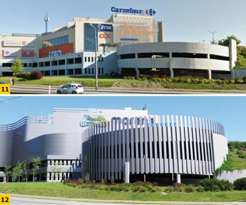 FOT. 11–12. Centrum handlowe powstałe około 2003 r.: obiekt przed przebudową (11), obiekt po rozbudowie i renowacji elewacji w latach 2015–2016 (12)