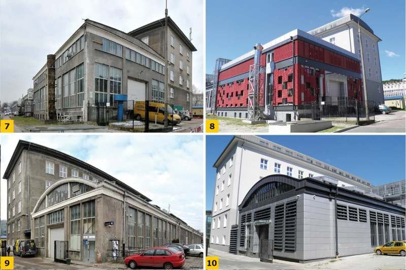 FOT. 7–10. Budynek hali warsztatowo-laboratoryjnej powstały w latach 50. ubiegłego wieku: przed renowacją (7, 9), po renowacji w 2015 r. (8, 10)