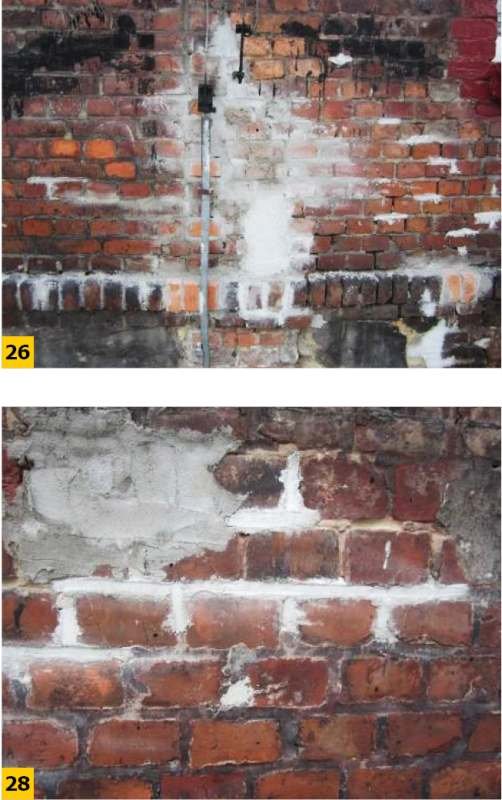 FOT. 26 i 28. Przykłady nieodpowiednich przemurowań w budynkach mieszkalnych (brak odpowiednich przewiązań, niedostosowanie elementów murowych i zaprawy do muru istniejącego, wypełnianie otworów po uszkodzonych elementach murowych zaprawą cementową); fot.