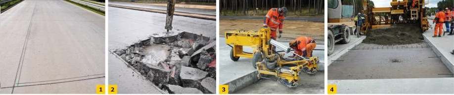 FOT. 1–4. Wymiana płyty betonowej nawierzchni: nacięcie uszkodzonej płyty (1), mechaniczne usuwanie betonu (2); wiercenie otworów pod kotwy i dyble (3); wbudowywanie
mieszanki betonowej (4)