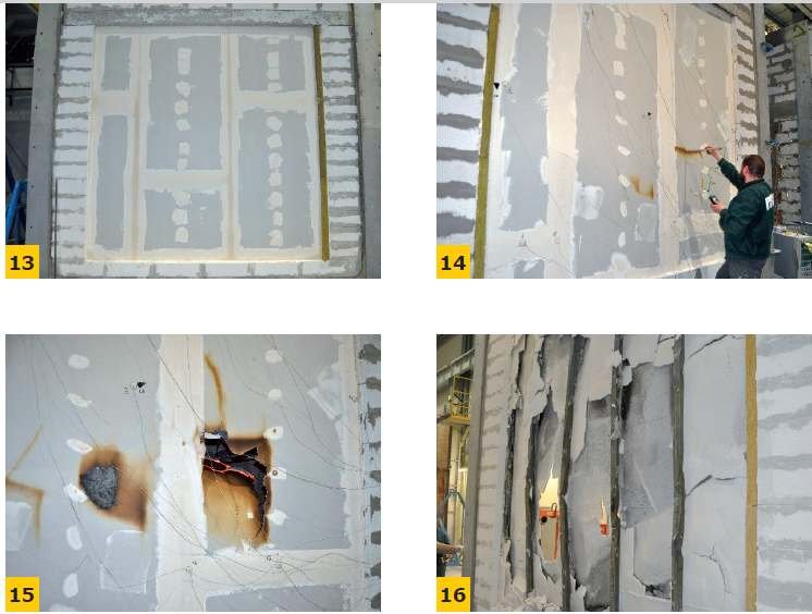 FOT. 13-16. Widok ściany o stelażu stalowym z powłoką z płyt gipsowo-kartonowej badanej według kryteriów normy PN-EN 1364-1:2015 [21]: ściana od strony nienagrzewanej przed badaniem (13), ściana od strony nienagrzewanej w trakcie badania - 60 min badania.