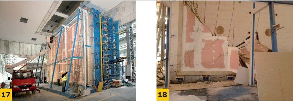 FOT. 17-18. Widok ściany o stelażu stalowym z powłoką z płyt gipsowo-kartonowych na stanowisku badawczym 10×7 m (szerokość x wysokość): ściana nienośna podczas montażu (17), widok ściany po zawaleniu w trakcie badania (18)