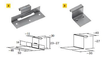Rys. 2–3. Żabki (łapki) są ściśle zwymiarowane i dostosowane do rąbków stojących podwójnych o wys. 25 mm. Lewa jest ruchoma, a prawa – stacjonarna