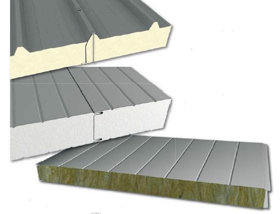 RYS. 1. Płyty warstwowe: dachowa z rdzeniem poliuretanowym (1), ścienna z rdzeniem styropianowym (2) oraz ścienna z rdzeniem z wełny mineralnej (3)