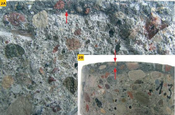 Fot. 2a–b. Fragmenty betonu posadzki z przypowierzchniową warstwą utwardzającą (a); widoczne ziarna kruszywa pochodzące z betonu (b)