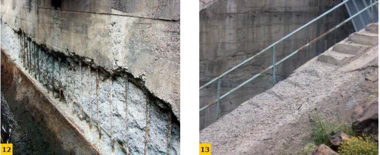 FOT. 12–13. Przykłady uszkodzeń i defektów konstrukcji betonowych wymagających napraw konstrukcyjnych: odpryski, ubytki betonu (12), uszkodzenia mrozowe (13); fot.: BASF Polska