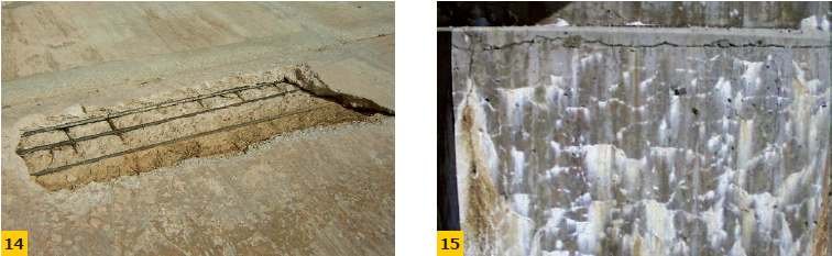 FOT. 14-15. Przykłady uszkodzeń i defektów konstrukcji betonowych wymagających napraw konstrukcyjnych: uszkodzenia spowodowane erozją (14), uszkodzenia spowodowane reakcją kruszywa z betonu z alkaliami (15); fot.: BASF Polska