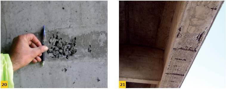 FOT. 20–21. Przykłady uszkodzeń i defektów konstrukcji betonowych wymagających napraw niekonstrukcyjnych: płytka segregacja (20), niewystarczająca otulina (21); fot.: BASF Polska