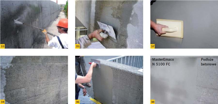 FOT. 33–34. Zwilżanie powierzchni betonu; FOT. 35–36. Nakładanie szpachli kosmetycznej; FOT. 37–38. Wygładzanie nałożonej szpachli;
