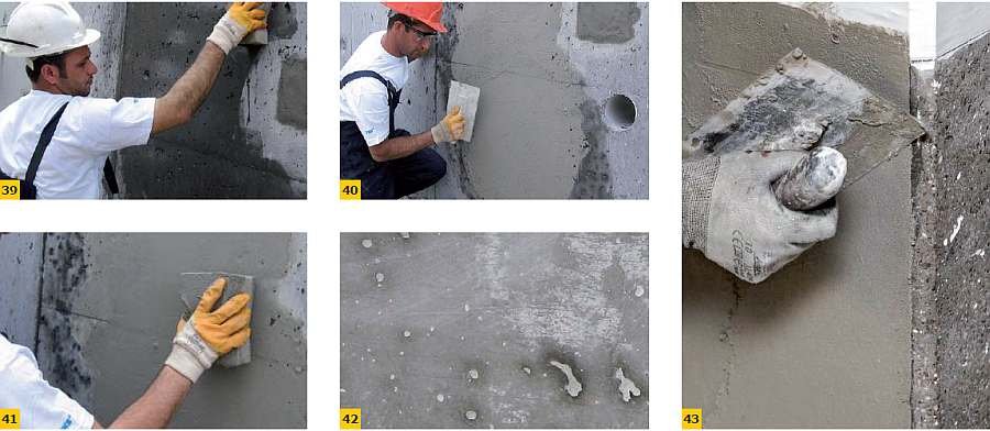 FOT. 39–43. Procedura wygładzania podłoża w budowlach hydrotechnicznych: przed nakładaniem materiału należy nawilżyć powierzchnie (39). Materiał nakładamy pacą stalową (40). Po jego nałożeniu należy za pomocą twardej gąbki wetrzeć go w pory i dziurki (41.