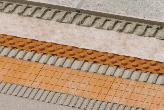 RYS. 3. Sposób na drenaż z folii kubełkowej pod warstwą zaprawy klejącej [10] - przekrój warstw: 1– płytki ceramiczne, 2 – zaprawa klejowa, 3 – geowłóknina, 4 – mata drenażowa z folii, 5 – zaprawa uszczelniająca, 6 – warstwa cementu.