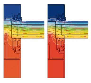 RYS. 2. Rozkład izoterm w przekroju słupa bez zastosowanej izolacji cieplnej (po lewej) i z zastosowaną matą aerożelową (po prawej)