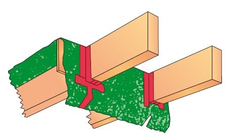 RYS. 6–7. Jeśli warstwą uszczelniającą przed przepływem powietrza przez dach jest MWK, musi być ona szczelnie połączona z murami. W tym celu trzeba zastosować dodatkowy pas MWK, przechodzący z płaszczyzny połaci dachowej na ścianę, i uszczelnić go na poł.