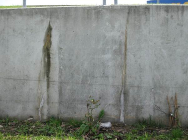 Fot. 5. Przeciek rysą termiczno-skurczową z osadzaniem produktów korozji betonu i stali