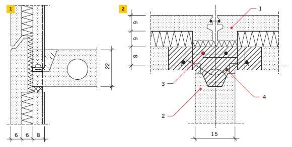 Rys. 1–2. Złącza ścian osłonowych W-70: złącze poziome ścian osłonowych ZWO i stropu (1), złącze pionowe ZWO-W-ZWO (2);
1 – ściana ZWO, 2 – ściana wewnętrzna W, 3 – siatka zbrojenia pionowego, 4 – klamry