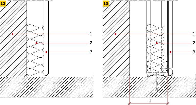 RYS. 12–13. Widok dodatkowego ustroju: bezpośredniego (12), szkieletowego (13): 1 – ściana bazowa m’<sub>1</sub> kg/m<sup>2</sup>, 2 – materiał sprężysty S’ MN/m<sup>3</sup>, 3 – płyta m’<sub>2</sub> kg/m<sup>2</sup>