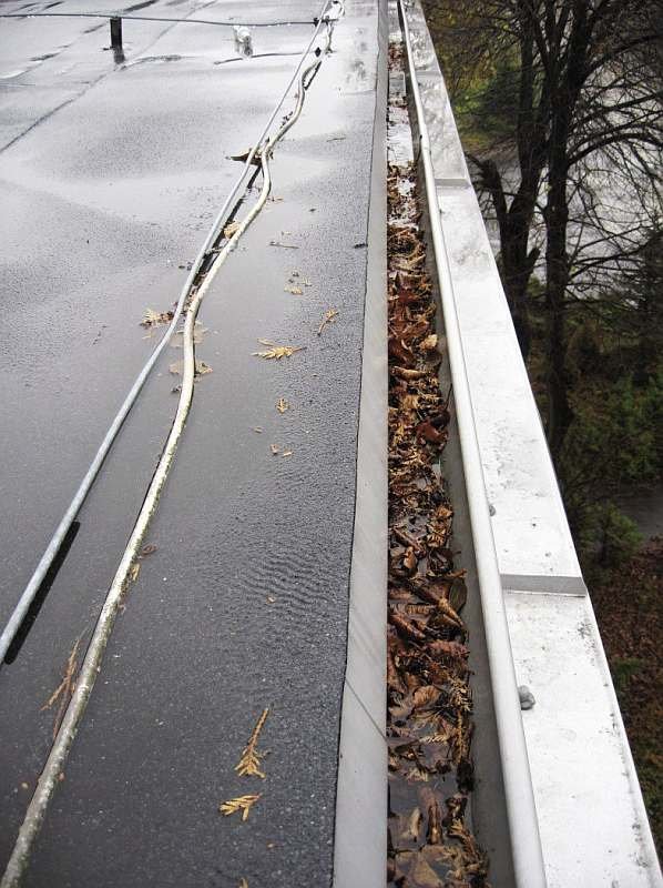 FOT. 12. Liście zalegające w rynnie oraz poprowadzenie instalacji kablowej bezpośrednio po pokryciu dachowym.