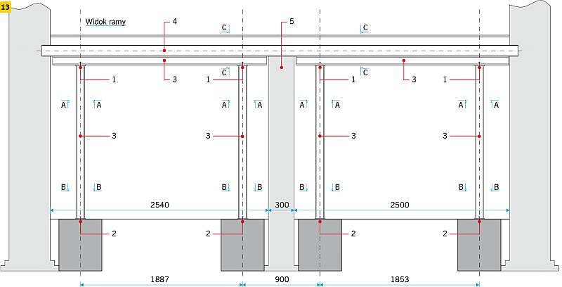 RYS. 13. Wzmocnienie przez podparcie liniowe każdej z belek stropu odcinkowego: 1 – 2×śruba M12, 2 – M12 na kotwie chemicznej, 3 – HE 100B, 4 – istniejąca belka stropowa, 5 – istniejący murowany słup