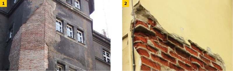 FOT. 1–2. Skutki uszkodzeń wypraw zewnętrznych: zawilgocenie (1), korozja cegieł (2)