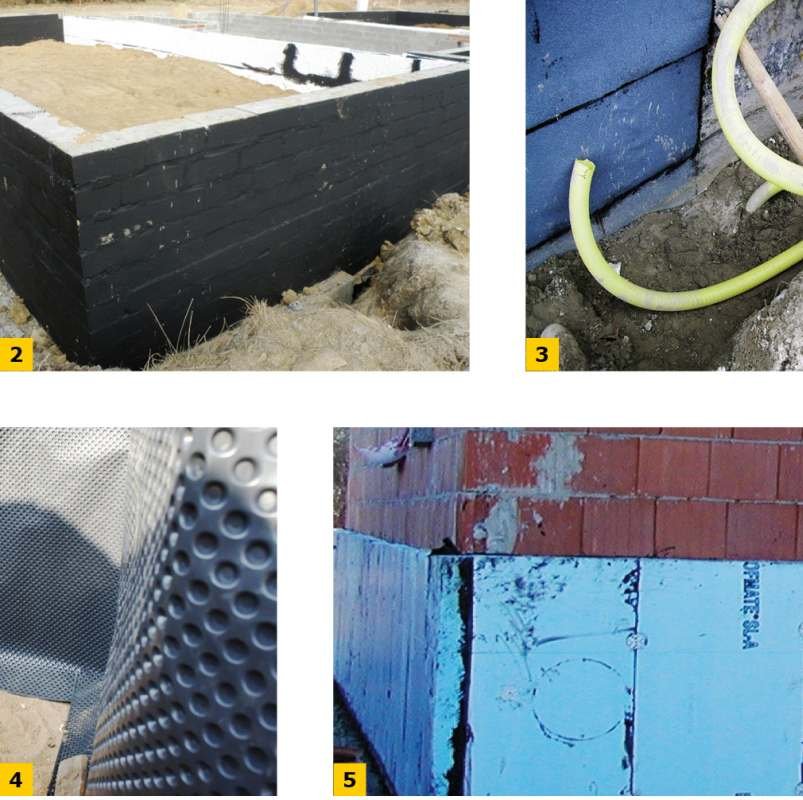 FOT. 2–5. Powszechnie stosowane rozwiązania w izolacjach części podziemnych budynków: bitumiczne powłokowe (2), bitumiczne rolowe (3), folie dystansowe, często mylnie utożsamiane z izolacjami zasadniczymi (4), cieplne izolacje wodoodporne (5)