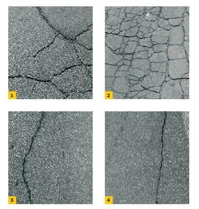 FOT. 1–4. Spękania nawierzchni asfaltowych: siatkowe (1, 2) i pojedyncze (3, 4)