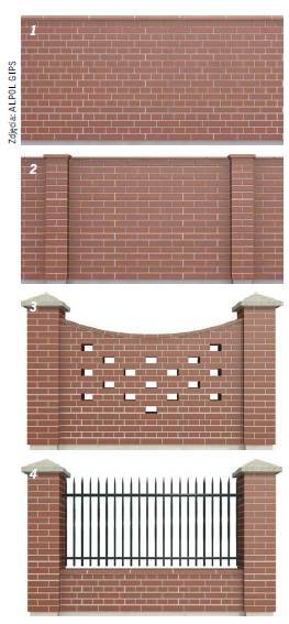 Fot. 1–4. Przykłady ogrodzeń z klinkieru: mur ciągły (1), mur ze wzmocnieniem (pilastry) (2), mur ze słupkami i wypełnieniem z cegły (3), mur ze słupkami i przęsłami z metalu lub drewna (4)