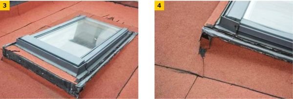 FOT. 3-4. Błędy w obróbkach blacharskich przy oknach połaciowych w dachu płaskim; fot.: archiwum autora