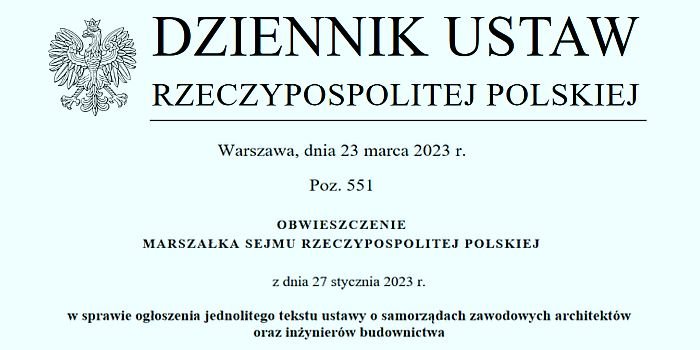 Dziennik Ustaw poz. 551 z opublikowanym obwieszczeniem Marszałka Sejmu RP z dnia 27.01.2023 r.