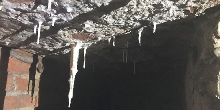 Tworzenie się stalaktyt&oacute;w w obszarze przeciekającego stropu, fot. B. Monczyński